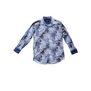 Bugatchi Shaped Fit Blue Tropical Leaf Button Front Shirt Long Sleeve Size Large